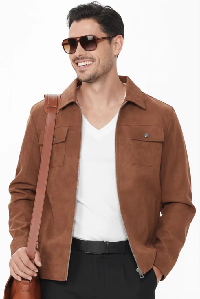 Suede Faux Leather Jacket - Camel Twotone